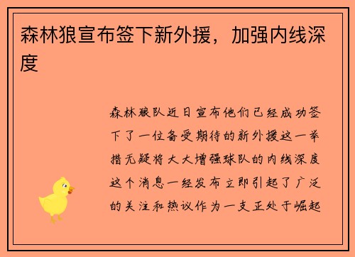 森林狼宣布签下新外援，加强内线深度